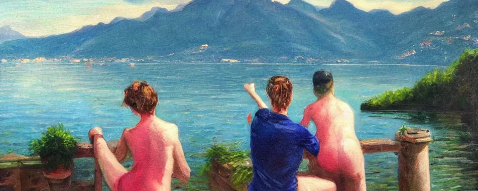 Prompt: some girl!! painting!! her lover in front of lake como!!! by edward williams