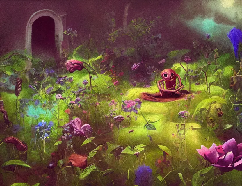 Prompt: psychological horror movie still, amorphous life form crawling in a garden. muted complementary colors, oil painting, indie concept art, bloom, chiaroscuro, backlighting, intricate details.