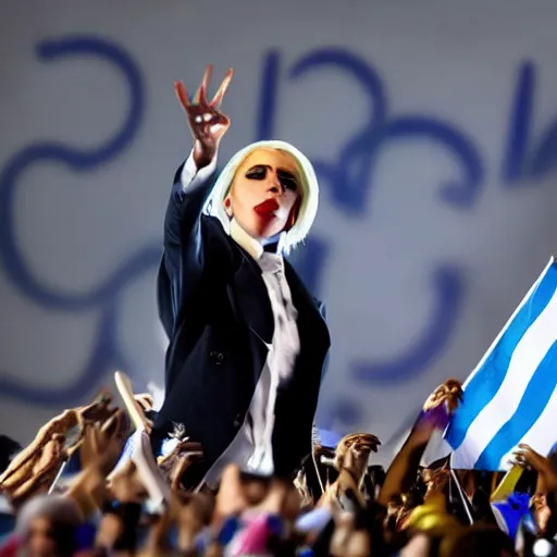 Image similar to Lady Gaga as president, Argentina presidential rally, Argentine flags behind, bokeh, giving a speech, detailed face, Argentina