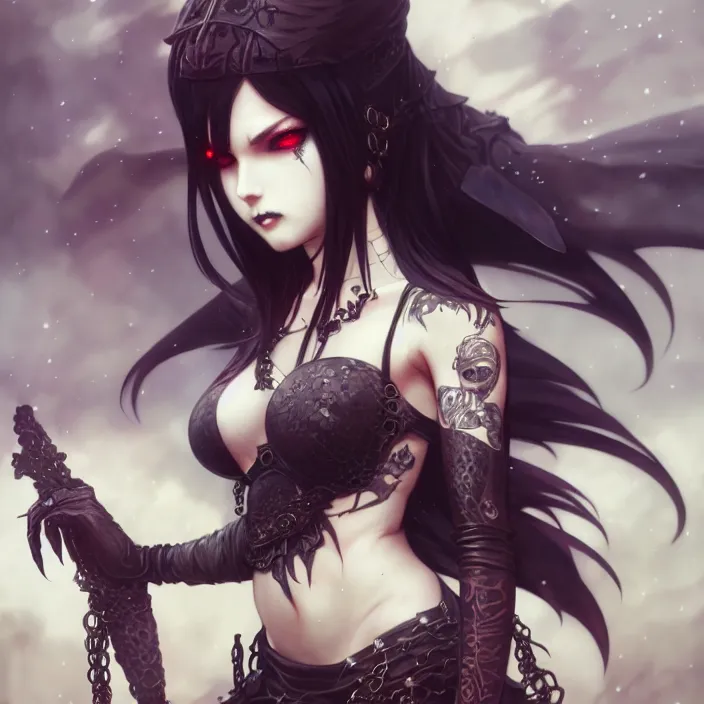 Image similar to anime female, fangs, goth, tattoos, leather, fantasy, intricate details, eerie, highly detailed, octane render, 8 k, art by artgerm and alphonse mucha and greg rutkowski