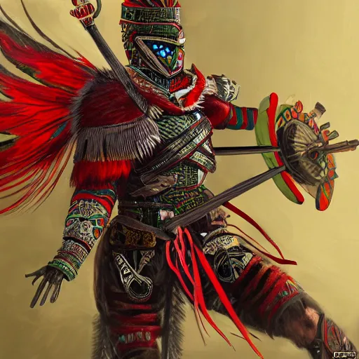 Image similar to mexican indigenous warrior in a ornated armor preparing for war, full body, dynamic pose, red and white and green neon, concept art, intricate details, highly professionally detailed, cgsociety, highly detailed -