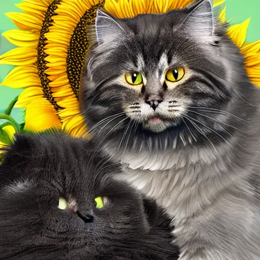 Image similar to Detailed furry silver Siberian cat kissing a black cat with sunflower background, digital art