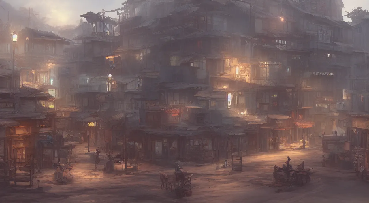 Prompt: a digital painting of an old western town, concept art by Makoto Shinkai, cg society contest winner, photorealism, 2d game art, concept art, matte painting