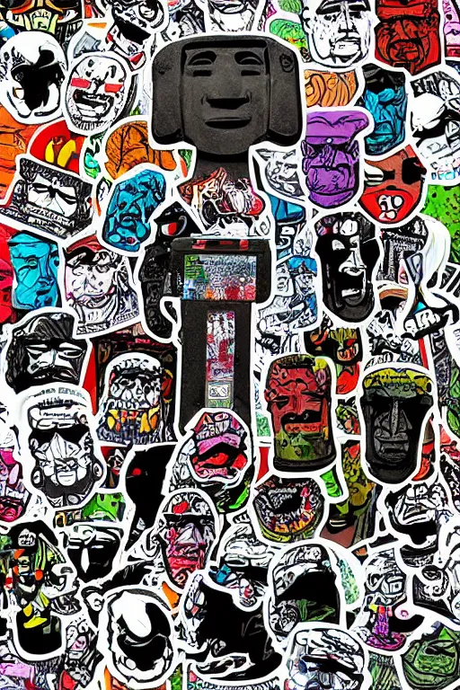 Image similar to sticker art, cronobreaker moai statue popart slap face caricature comic book illustration cartoon graffity street digital