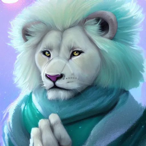 Image similar to aesthetic portrait commission of a albino male furry anthro lion cub popping floating bubbles while wearing a cute mint colored cozy soft pastel winter outfit, winter Atmosphere. Character design by charlie bowater, ross tran, artgerm, and makoto shinkai, detailed, inked, western comic book art, 2021 award winning painting