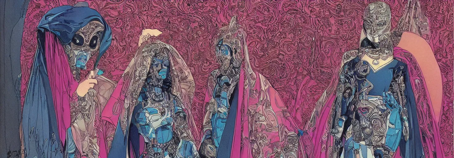 Prompt: beautiful portrait of the mysterious cybernetic masked figure, vogue cover, vogue poses, beautiful ornamental silk cape, intricate, highly detailed, masterful, fantasy world, sci fi world, in the style of moebius, akira toriyama, jean giraud