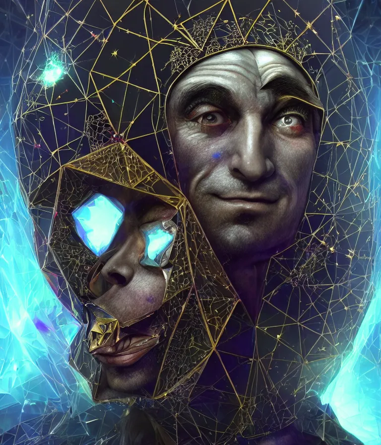 Image similar to front!!! shot of a court jester!!! character, mesmerizing fractal hypercubes, platinum cracked, dark holography!!!, future, metallic galactic, crystalline edges, polygonal, elegant, highly detailed, centered, (((artstation, concept art, jagged, sharp focus, artgerm, Tomasz Alen Kopera, Peter Mohrbacher, donato giancola, Joseph Christian Leyendecker, WLOP, Boris Vallejo))), ((raytracing)), mugshot!!!!!, ugly!!!!!!, octane render, nvidia raytracing demo, octane render, nvidia raytracing demo, octane render, nvidia raytracing demo, 8K