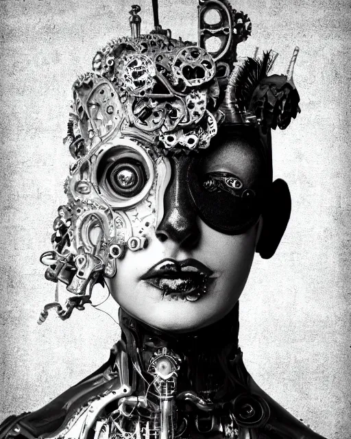 Image similar to black and white dreamy foggy smoky profile face portrait, one silver steampunk eye biomechanical beautiful young female cyclope - cyborg - robot bust, body ribs meshes,, volumetric light, hibiscus flowers, by hg giger, rim light, by dora maar and cecile beaton, big gothic fashion pearl embroidered collar, 8 k