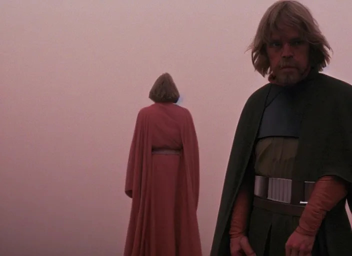 Prompt: screenshot portrait of Luke skywalker kneels before a strange jedi oracle in a foggy pink land. still from the 1983 film directed by Alejandro Jodorowsky. holy mountain, Photographed with Leica Summilux-M 24 mm lens, ISO 100, f/8, Portra 400