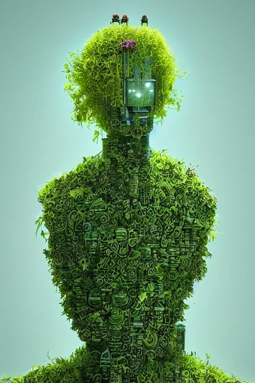 Prompt: a robot with chives and basil growing out of his head, cyberpunk art by Mike Winkelmann and beeple, by Filip Honda, trending on cgsociety, panfuturism, made of chives and basil herbs, glitch art, rendered in cinema4d,