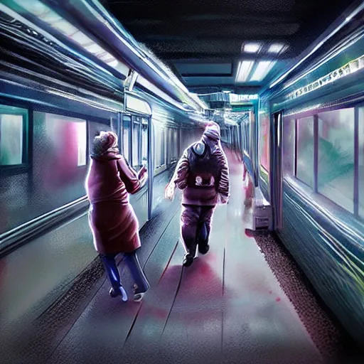 Image similar to fight between grandmas in the train moscow-ryazan, cyberpunk, neon, concept art