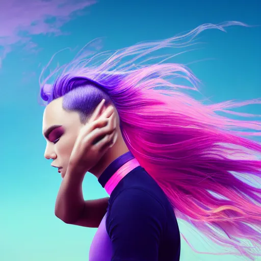 Image similar to a award winning action upper body portrait of a beautiful woman with a ombre purple pink hairstyle with head in motion and hair flying, choker, outrun, vaporware, vivid colors, highly detailed, fine detail, intricate