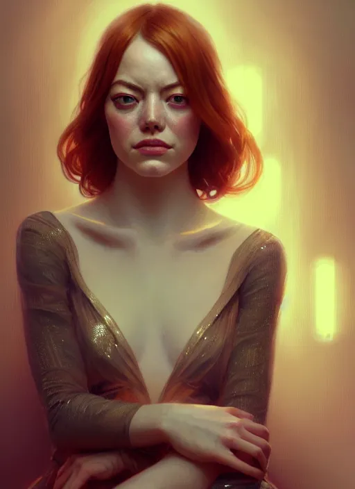 Prompt: portrait of emma stone, intricate, elegant, glowing lights, highly detailed, digital painting, artstation, glamor pose, concept art, smooth, sharp focus, illustration, art by wlop, alphonse mucha and greg rutkowski