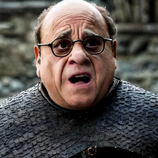 Image similar to Danny Devito in Game of Thrones, 4K, epic, cinematic, focus, movie still, fantasy, serious, extreme detail, atmospheric, dark colour, sharp focus