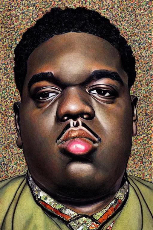 Image similar to a portrait of biggie smalls in style of rudy gutierrez and egon schiele, masterpiece, hyperdetailed, complex, intricate, 4 k, trending on artstation