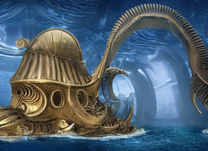 Prompt: highly detailed rendering of the nautilus entering atlantis, side view, portholes, fantastic city gate, ornate, jellyfish, cinematic, 8 k, hd,