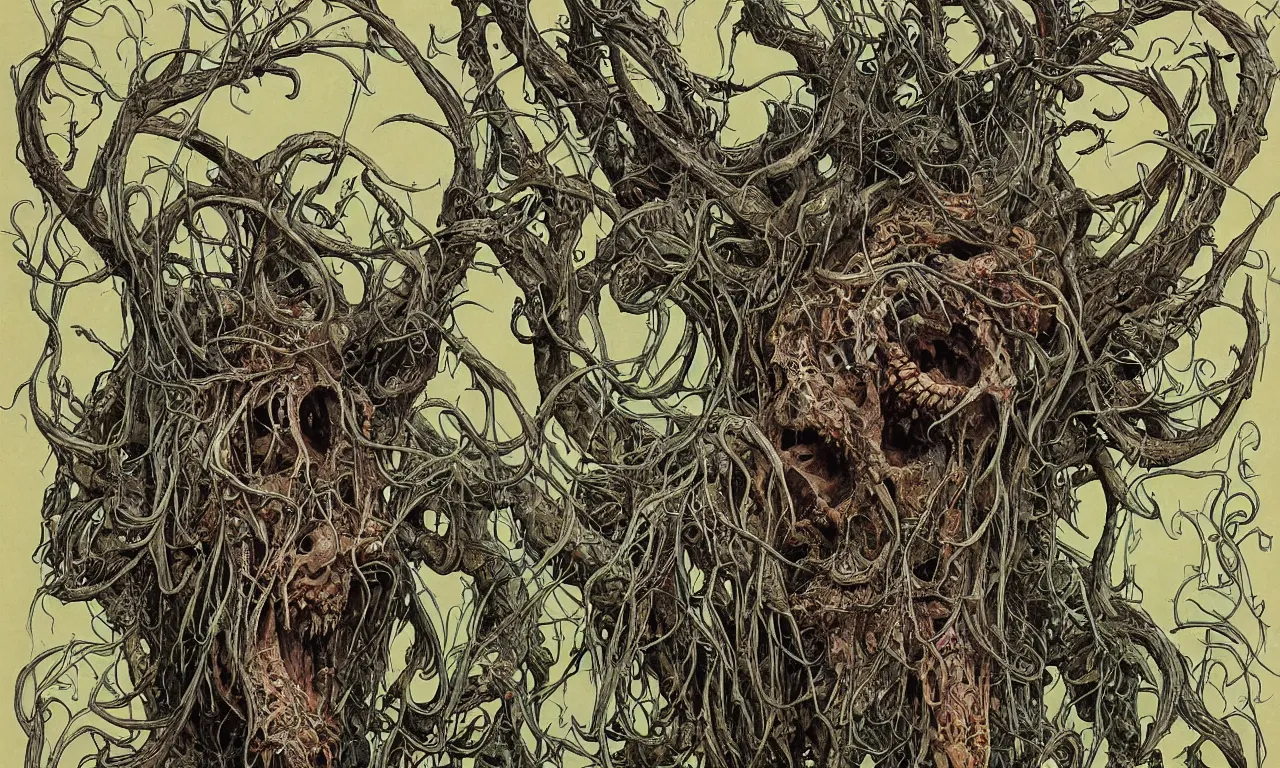 Image similar to hyperdetailed art nouveau portrait of treebeard as a cthulhu eyeball skull wendigo cryptid monster, by geof darrow, simon bisley and bill sienkiewicz, grim yet sparkling atmosphere, photorealism, claws, skeleton, antlers, fangs, forest, wild, crazy, horror, lynn varley, lovern kindzierski, steve oliff