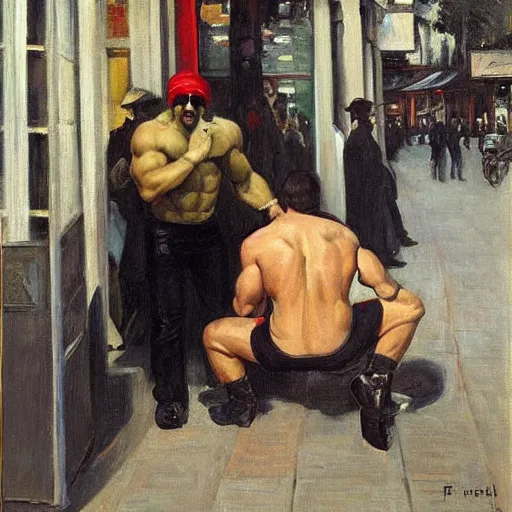 Prompt: painting of the wrestler hulk hogan outside a parisian cafe with paul simon by emile friant