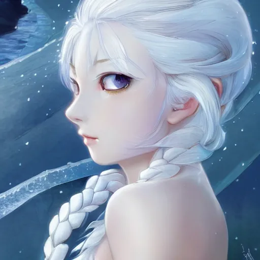 Image similar to white-haired anime girl frozen in an ice floe, fashion is running D&D, fantasy, intricate, elegant, highly detailed, digital painting, artstation, concept art, matte, sharp focus, illustration, art by Artgerm and Greg Rutkowski and Alphonse Mucha, UHD