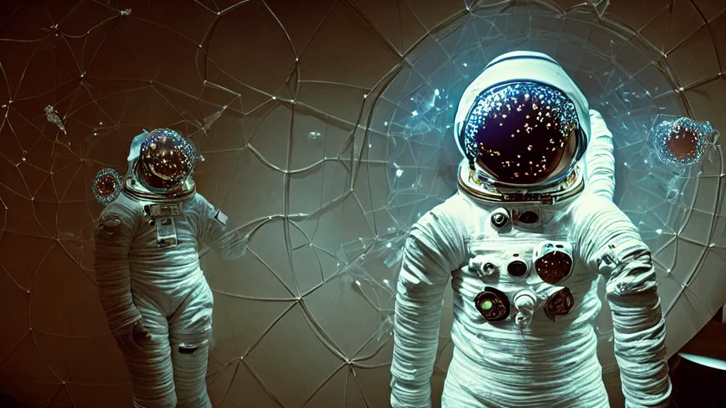 Image similar to a single astronaut eva suit covered in diamond 3d fractal lace iridescent bubble 3d skin and covered with insectoid compound eye camera lenses floats through the living room, film still from the movie directed by Denis Villeneuve with art direction by Salvador Dalí, wide lens,