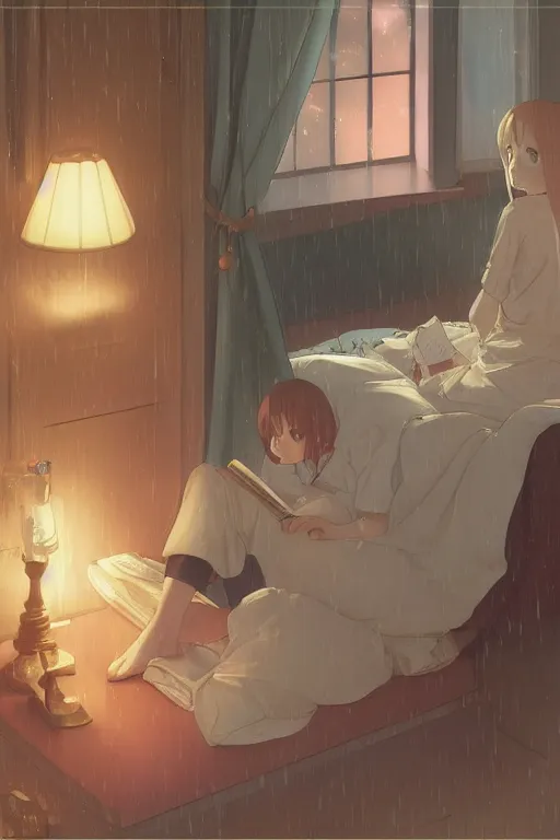 Image similar to a teenage girl with white short hair in a jk uniform outfit in the bedroom reading a book in a night, raining outside the window, warm and orange theme, by krenz cushart and mucha and akihito yoshida and greg rutkowski and makoto shinkai, 4 k resolution