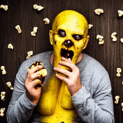 Image similar to photo of a horror villain eating a banana, he is sad that his dark clothes are covered in banana peels.