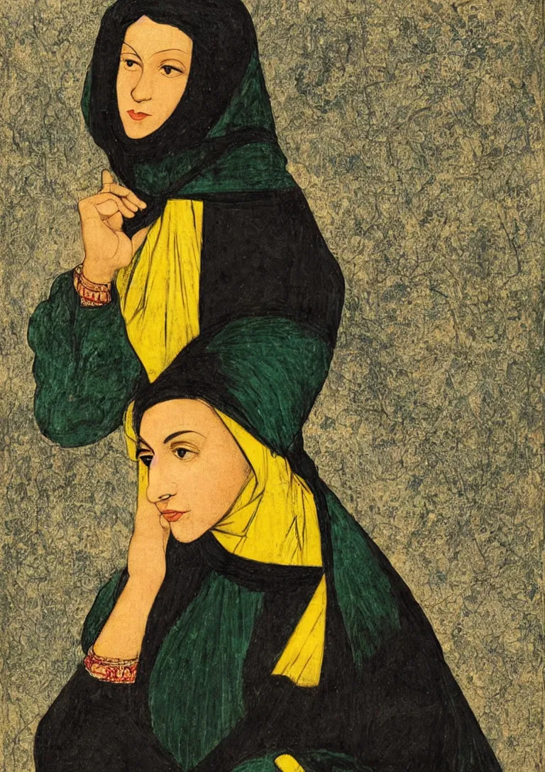 Image similar to a portrait of an arab muslim woman from the fifties, seated in front of a landscape background, her black hair is a long curly, she wears a dark green dress pleated in the front with yellow sleeves, puts her right hand on her left hand, in style of leonardo da vinci