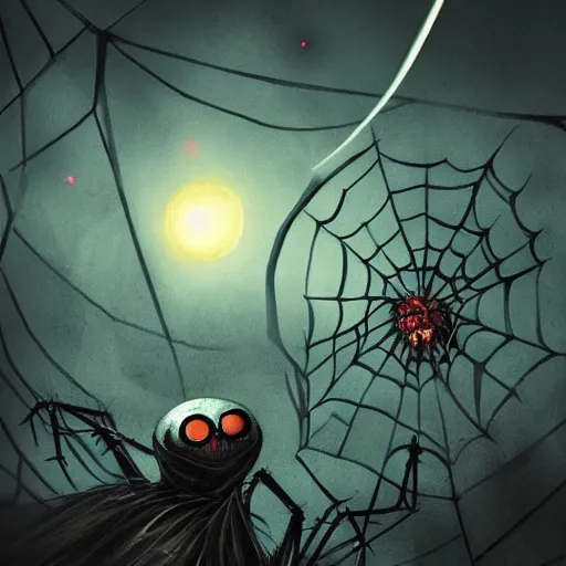 Prompt: a large evil spider spins a web between 2 planets dark fantasy, horror, concept art, smooth, sharp focus, illustration