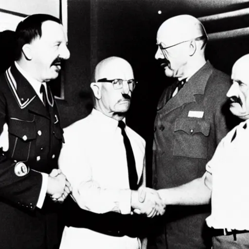 Image similar to adolf hitler shaking hands with walter white, black and white, cctv, over - the - shoulder shor