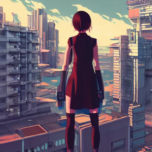 Image similar to a girl stands on top of a multi-storey building, anime style, 4k, cyberpunk city in the background, HD, artstation, very detailed, by Ilya Kuvshinov