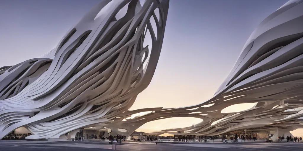 Image similar to extremely detailed ornate stunning beautiful elegant futuristic museum exterior by Zaha Hadid, stunning volumetric light, sunset