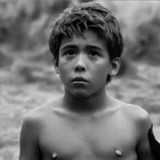 Image similar to ricky garcia plays ralph in lord of the flies ( 1 9 6 3 ), 3 5 mm black and white, highly detailed, cinematic lighting