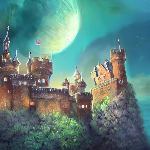 Image similar to a magnificent castle in the night sky above ocean, sense of awe, breathtaking, extremely detailed, concept art