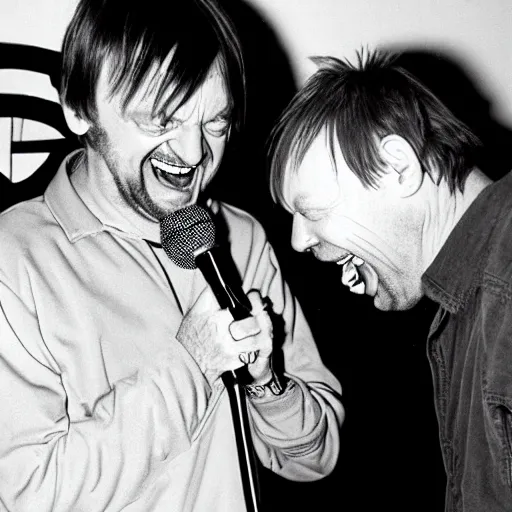 Image similar to Mark E Smith laughing at Fred Durst who is crying and screaming