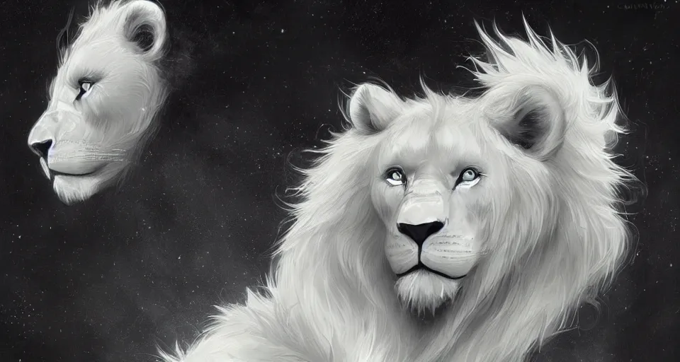 Prompt: aesthetic portrait commission of a albino male furry anthro lion wearing white glowing cloak in an empty black room surrounded by darkness, Character design by charlie bowater, ross tran, artgerm, and makoto shinkai, detailed, inked, western comic book art, 2021 award winning painting