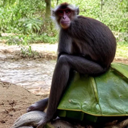 Prompt: a photograph of a monkey sitting on the back of a turtle