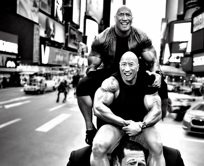 Image similar to Dwayne the Rock Johnson riding on the back of Adam Sandler, doing Methamphetamine at Times Square, photograph by Alfred Eisenstaedt, 4K, dramatic lighting; 4K 8K