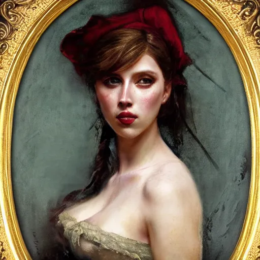 Image similar to solomon joseph solomon and richard schmid and jeremy lipking victorian genre painting portrait painting of a young beautiful scarlet johansson traditional german french actress model pirate wench in fantasy costume, red background