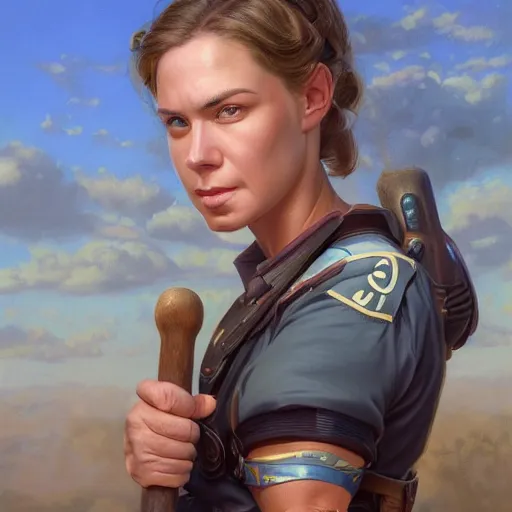 Image similar to epic portrait a slightly muscular woman wearing short sleeved uniform and carrying a sledgehammer, detailed, centered, digital painting, artstation, concept art, donato giancola, Joseph Christian Leyendecker, WLOP, Boris Vallejo, Breathtaking, 8k resolution, extremely detailed, beautiful, establishing shot, artistic, hyperrealistic, beautiful face, octane render