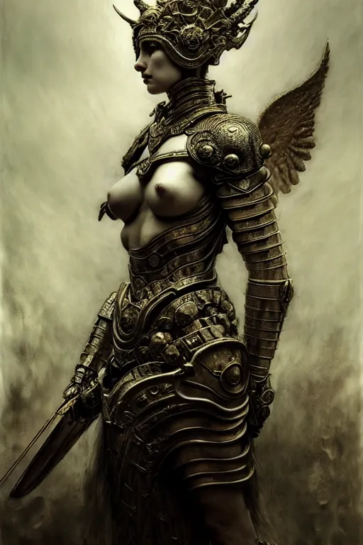 Prompt: goddess of war, intricate armor, young, beautiful, woman, full - body, realistic portrait, ethereal, soft clean focus, art by emil melmoth, gustave dore, craig mullins, yoji shinkawa, art germ, pete morbacher, david lynch, hyper detailed, high detail, artstation, hyperrealistic, unreal engine 5, ravens