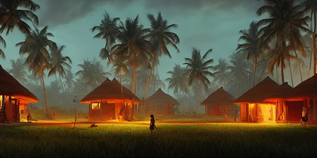 Image similar to establishing shot of a kerala village with thatched houses designed by zaha hadid, an epic fantasy, dramatic lighting, cinematic, extremely high detail, photorealistic, cinematic lighting, matte painting, artstation, by simon stalenhag, horizon forbidden west