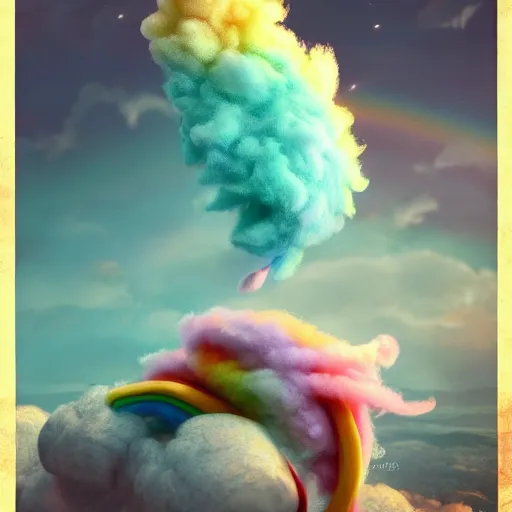 Image similar to cutest tiny fantasy cloud animal, with sprouting rainbow hair, hd, japanese anime artist drawn, dlsr, dream animal cute eyes, trending on artstation, cotton candy, octane render, cinematic