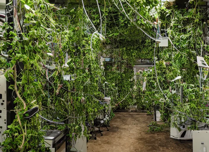 Image similar to tangled wires in a laboratory overgrown with plants