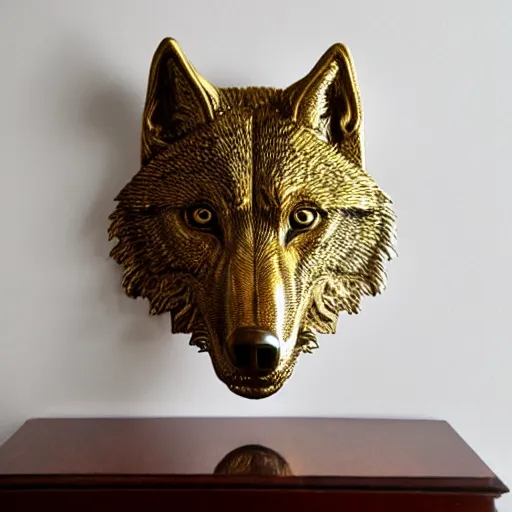 Image similar to gorgeous wolf statue portrait with gold filigree