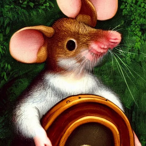 Prompt: mouse holding a drum, sitting in the forrest, medieval portrait, colorful, close up