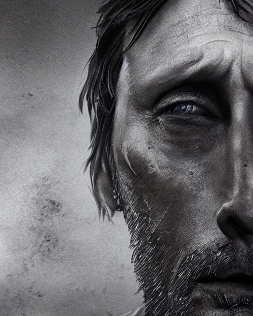 Image similar to mads mikkelson as clifford unger from death stranding, tears of tar, mysterious portrait, cinematic lighting, black background, digital painting photoshop, ultra detailed hdr 8 k