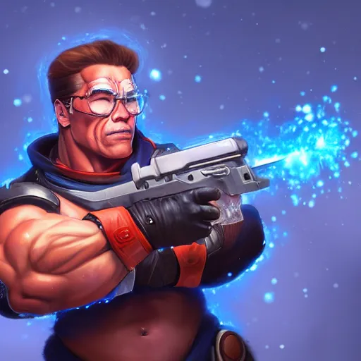 Image similar to a screenshot of arnold schwarzenegger as mei in the snow shooting frost gun in overwatch, portrait, fantasy, beautiful face, vivid colors, elegant, concept art, sharp focus, digital art, hyper - realistic, 4 k, unreal engine, highly detailed, hd, dramatic lighting by brom, trending on artstation