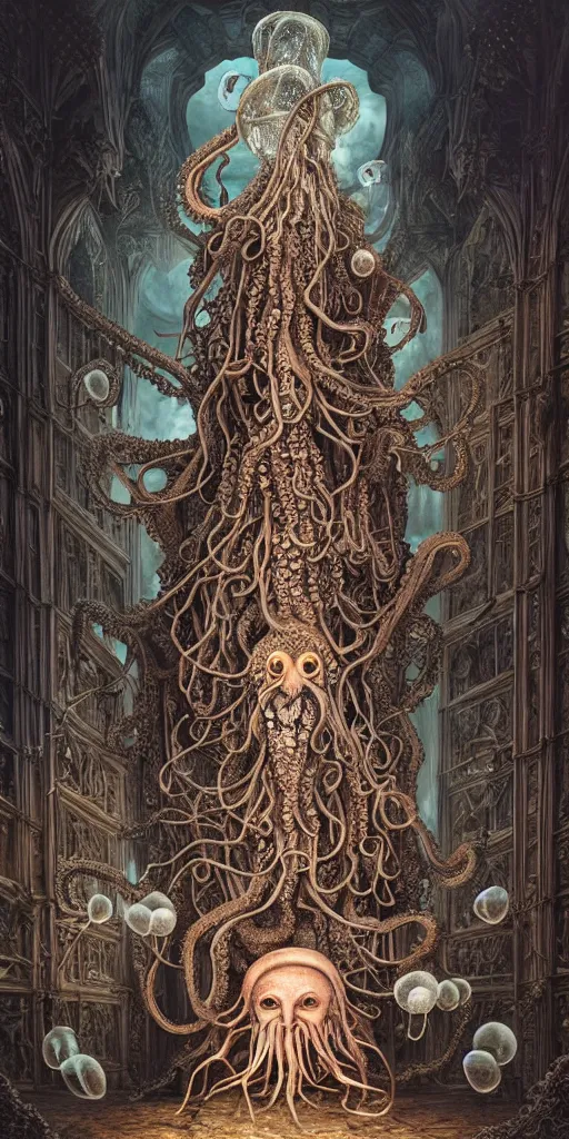 Image similar to group of mankind mages with octopus heads with jellyfish inside an ancient mage castle hall colossal scale, gothic and baroque, brutalist architecture, ultradetailed, Intricate by Ellen Jewett and Josan Gonzalez and Giuseppe Arcimboldo