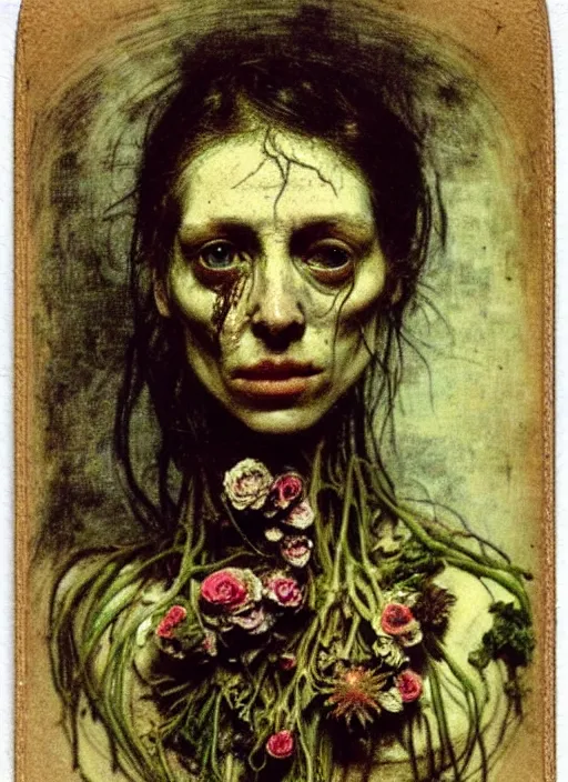 Image similar to beautiful and detailed rotten woman made of plants and many different types of flowers, muscles, intricate, organs, ornate, surreal, john constable, guy denning, gustave courbet, caravaggio, romero ressendi 1 9 1 0 polaroid photo