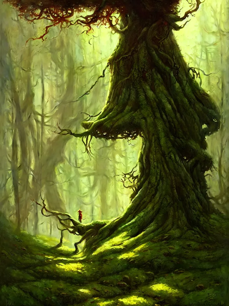 Prompt: great fat tree with a moss in the woods by bayard wu, anna podedworna, gaston bussiere, greg rutkowski